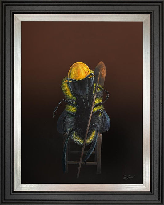Come The Revolution Original painting shows a worker bee wearing a yellow hard hat and holding a shovel. The worker bee is sitting on a wooden stool. Artwork by Angus Gardner and available at The Acorn Gallery, Pocklington.