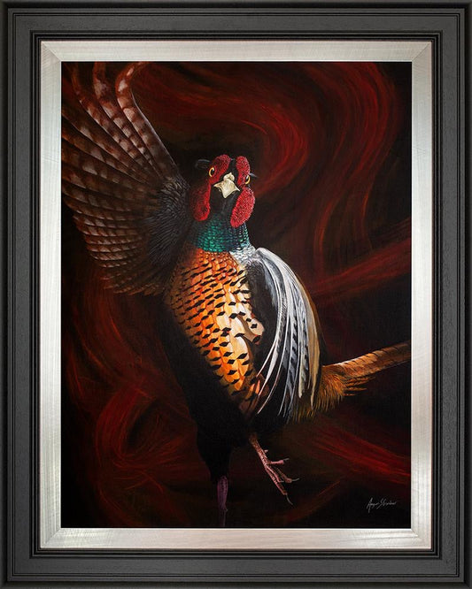 Joaquin the Flamenco Pheasant ORIGINAL Painting by Angus Gardner is SOLD but framed prints are available at The Acorn Gallery, Pocklington