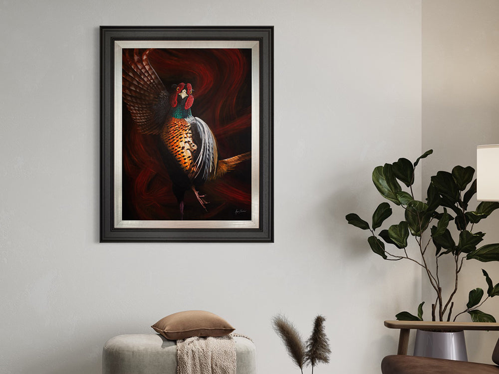 Joaquin the Flamenco Pheasant ORIGINAL by Angus Gardner is SOLD but framed prints are available at The Acorn Gallery, Pocklington
