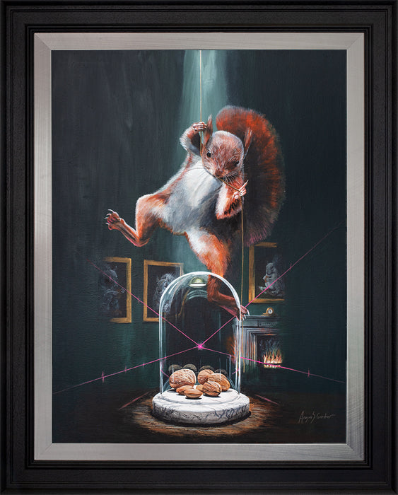No Mission Impossible framed artwork by Angus Gardner featuring a red squirrel stealthily stealing nuts from a grey squirrel's protected stash