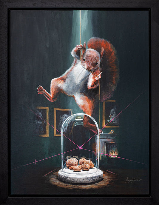 No Mission Impossible acrylic painting by Angus Gardner featuring a red squirrel stealing nuts from a grey squirrel's home