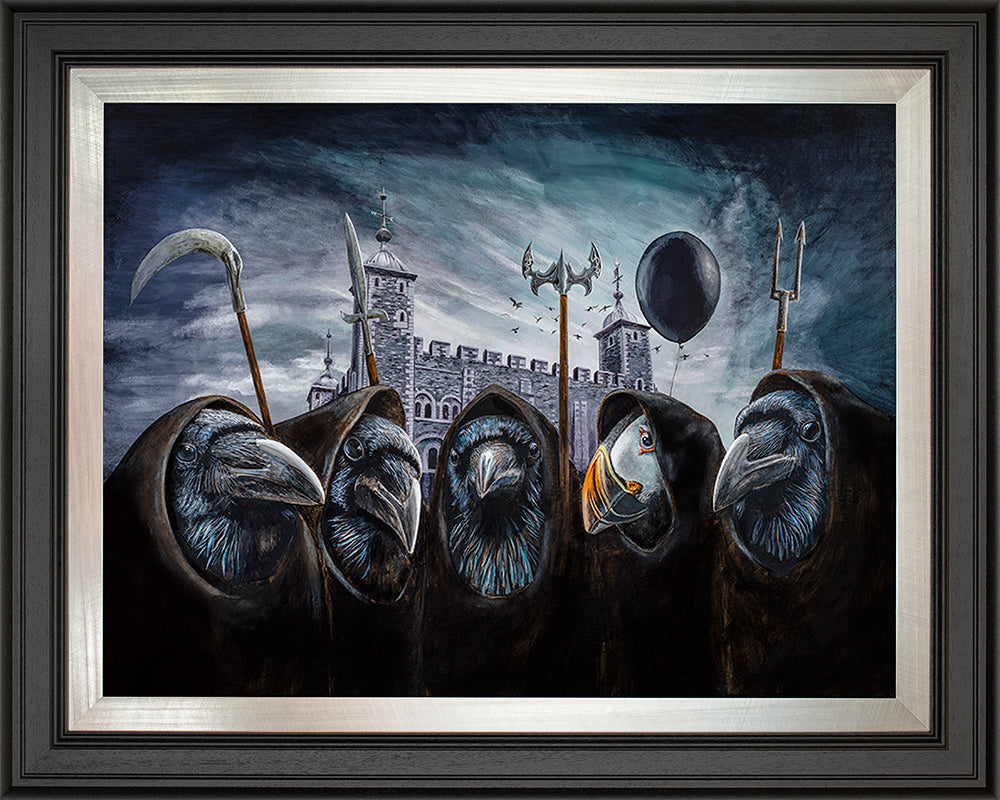 Angus Gardner The Imposter - The Acorn Gallery, Pocklington. Crows with weapons and a puffin with a balloon outside the tower of london.