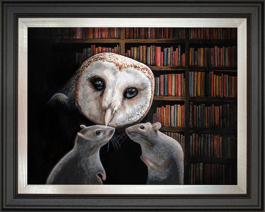 Angus Gardner The Silent Assassin print shows a barn owl creeping up on two mice in a library. Available from The Acorn Gallery, Pocklington.