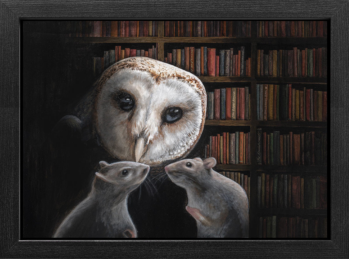 Angus Gardner The Silent Assassin Original showing a barn owl creeping up on two mice in a library. Established Gallery. Visit Us or Shop Online. Call 01759 307652.