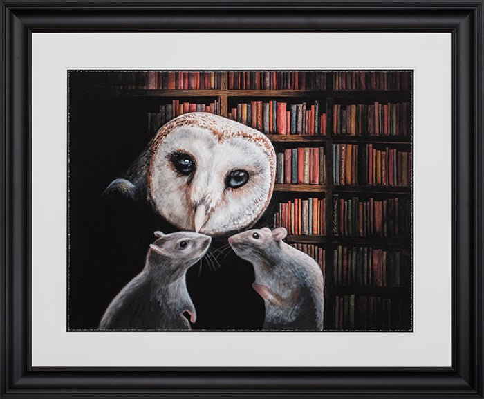 Angus Gardner The Silent Assassin framed print showing a barn owl creeping up on two mice in a library. Available from The Acorn Gallery, Pocklington.