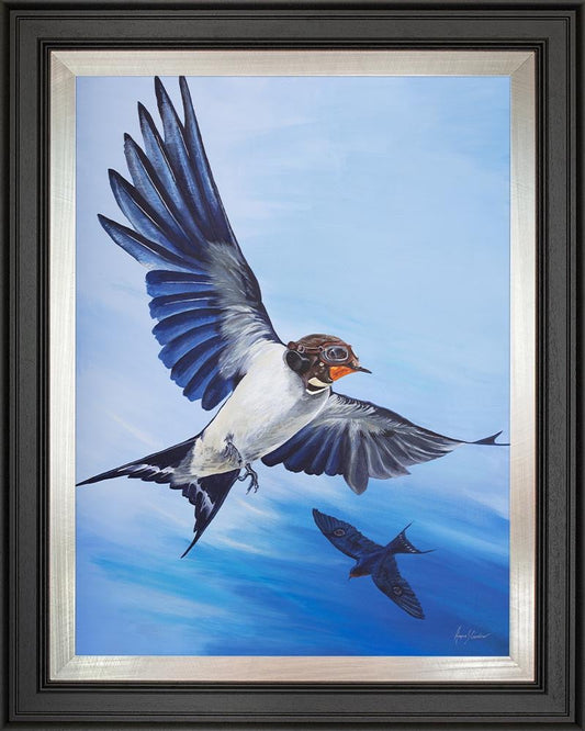 Angus Gardner Wing Commander Swallow wearing flying goggles and with RAF pips on his wings, framed print. Shop Online or Call The Acorn Gallery, Pocklington on 01759 307652.