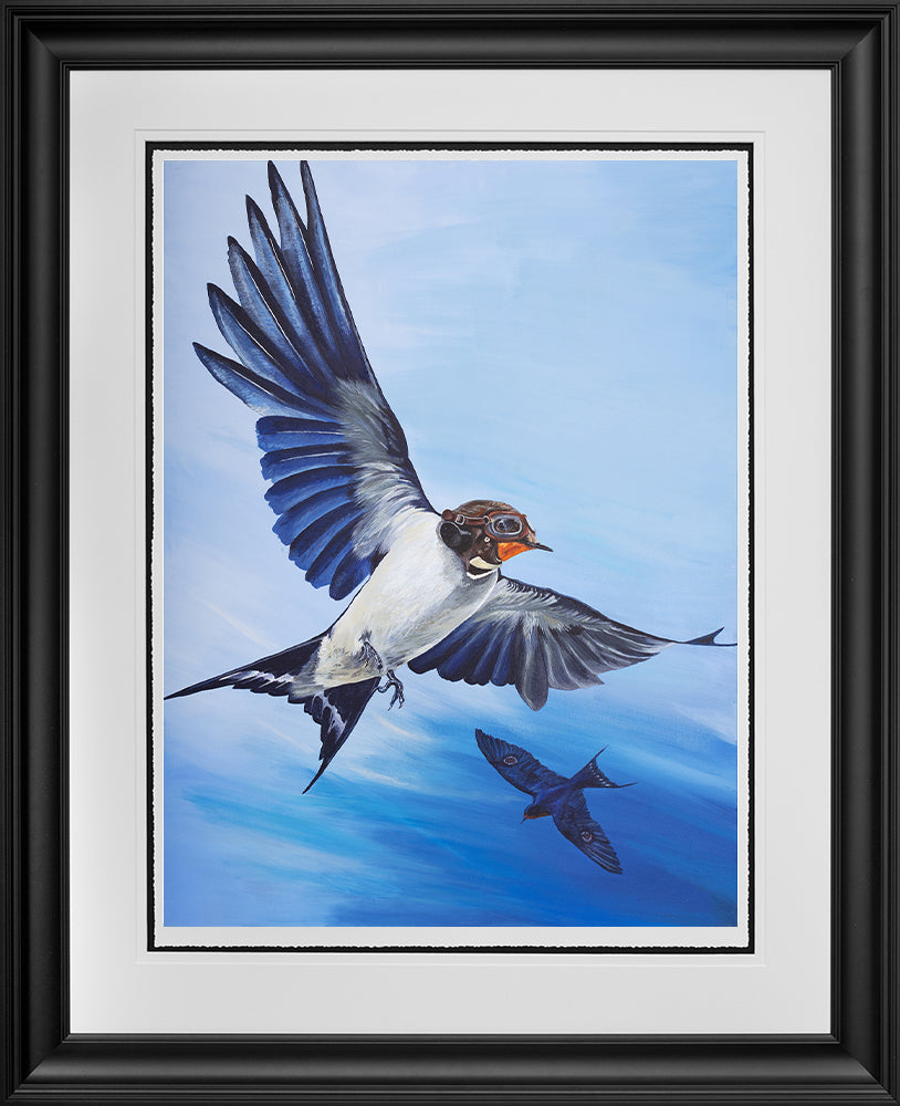 Angus Gardner Wing Commander swallow wearing flying goggles and with RAF pips on his wings, framed print. Shop Online or Call The Acorn Gallery, Pocklington on 01759 307652.