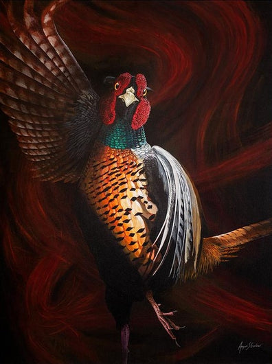 An original painting by Angus Gardner of a pheasant in the throws of a courtship dance