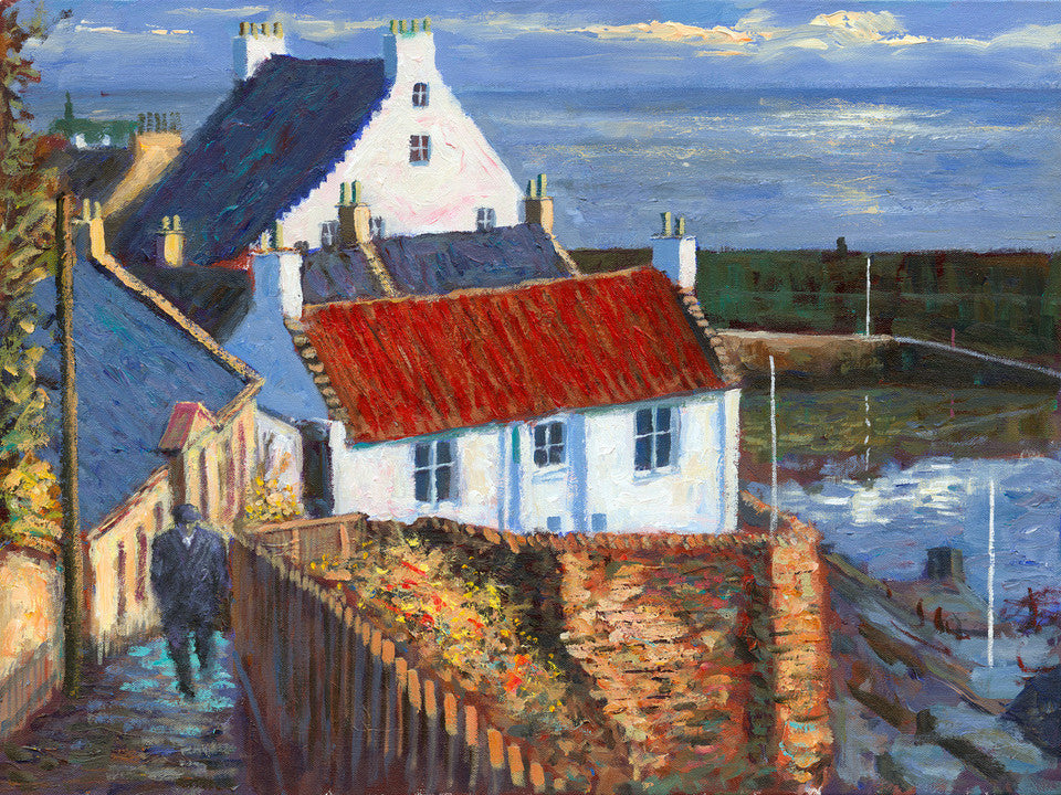 Canvas print by Alexander Millar showing white harbour cottages with vivid red and blue roofs in a textured painterly style.