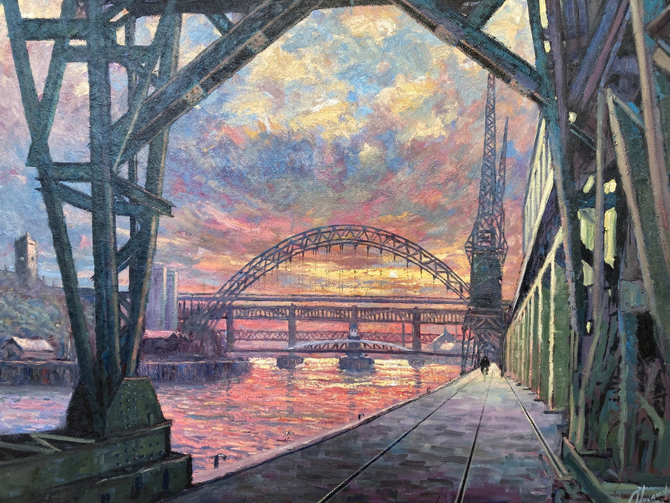 Canvas print by Alexander Millar, depicting Newcastle’s Tyne bridges over shimmering pink water at sunset in expressive brushstrokes.