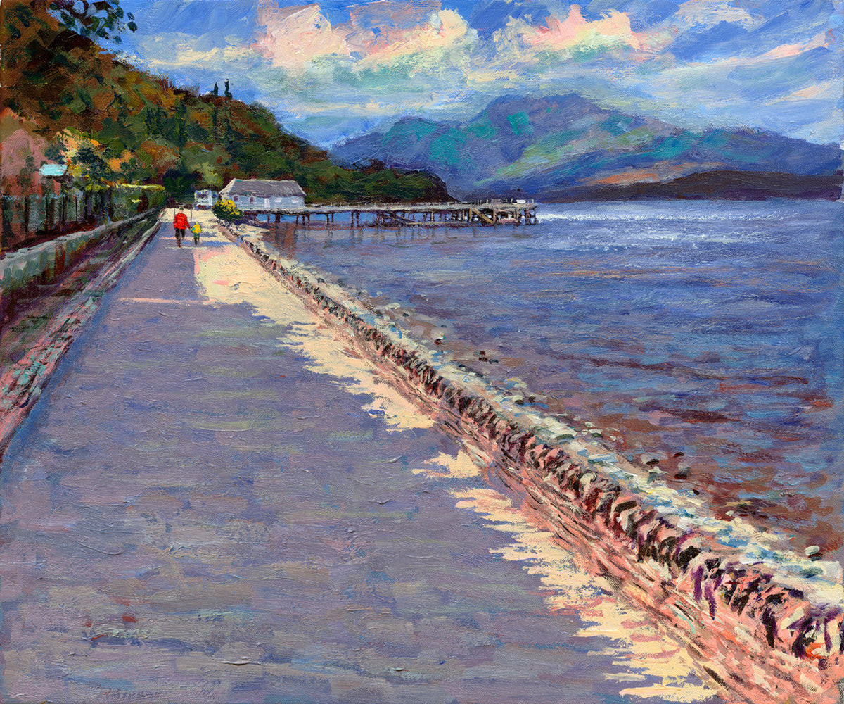 Canvas print by Alexander Millar, depicting a sunlit lakeside stroll with a stone path, pier, mountains and blue water.