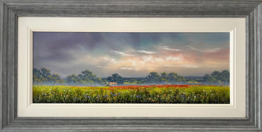 Original oil painting by Allan Morgan of rolling countryside with poppies under a moody sky