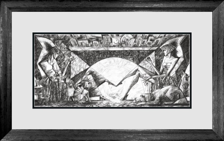 Night Cap limited edition print by Andrei Protsouk, hand-signed giclee on paper, 13.5x27.5 inches, framed, celebrating passion and connection.