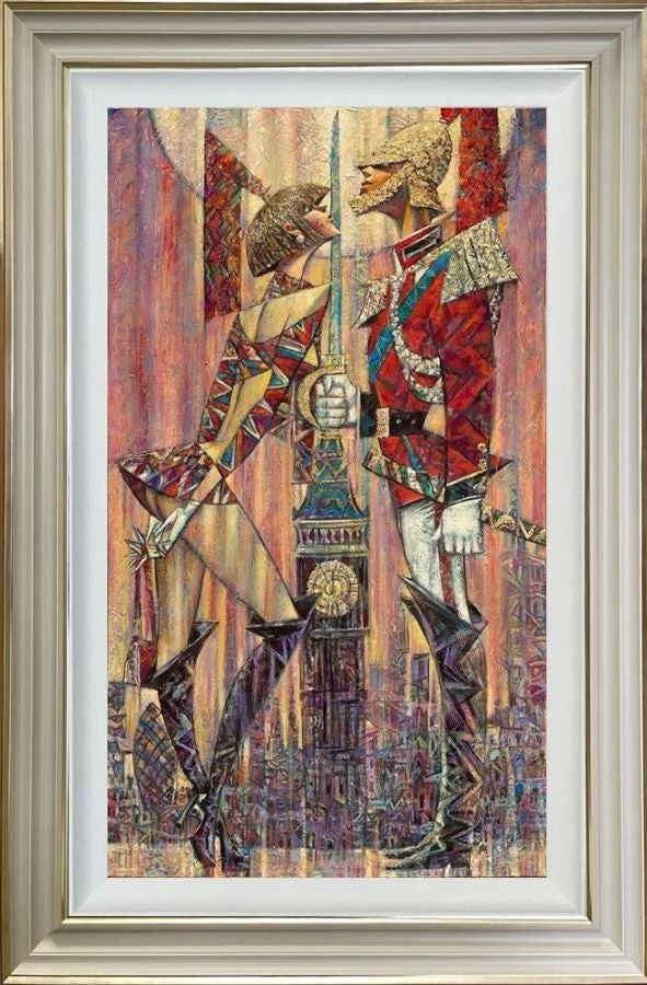 Hand embellished canvas by Andrei Protsouk, featuring a colorful geometric scene of a girl and uniformed guard in ornate frames.