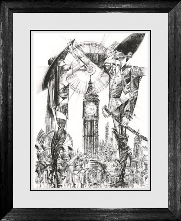 Limited edition print by Andrei Protsouk, black-and-white sketch of two guards flanking Big Ben, framed in dark wood.