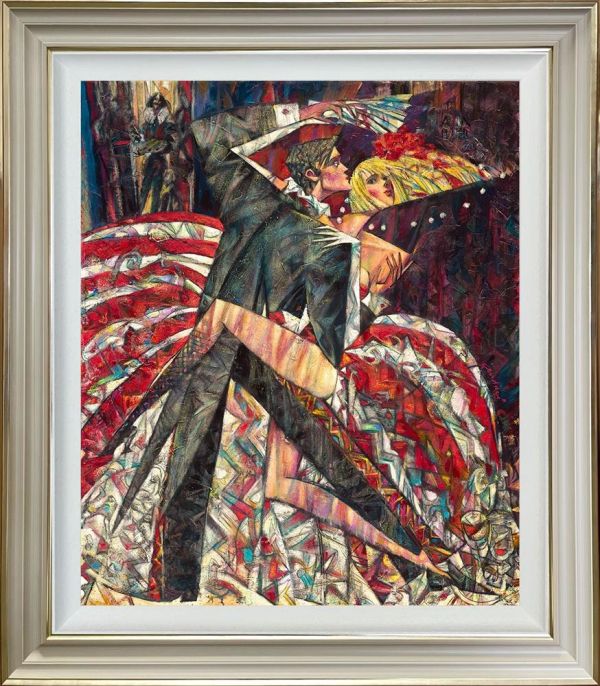 Hand embellished canvas print by Andrei Protsouk, featuring a tango couple in vivid reds, golds and dark tones with angular patterns