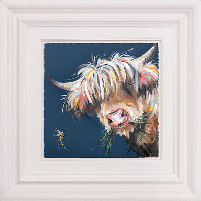 Blue Moo limited edition print of a highland cow by Ashley Saunders, hand signed, framed 21x21 inches