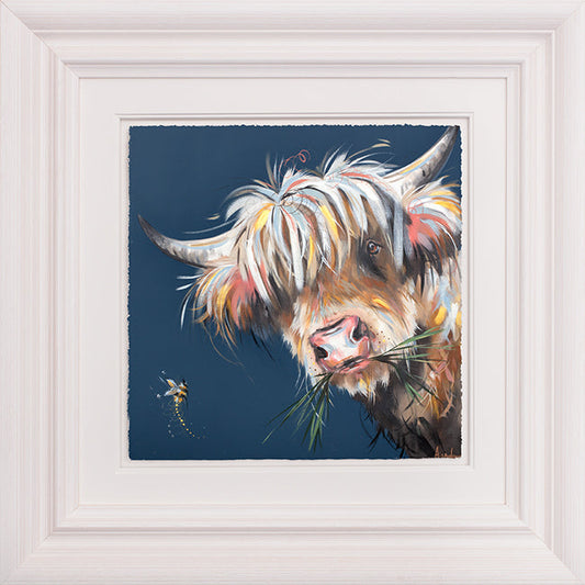 Blue Moo limited edition print of a highland cow by Ashley Saunders, hand signed, framed 21x21 inches