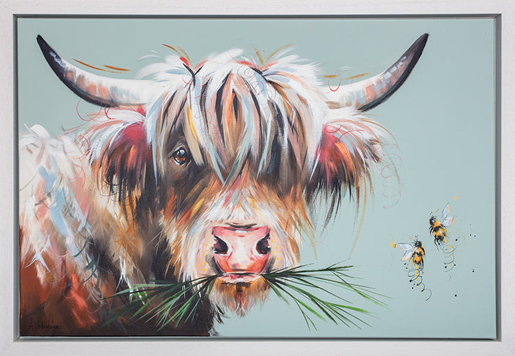 Ashley Saunders original acrylic painting of highland cow with bees, 27x39 inches, hand signed