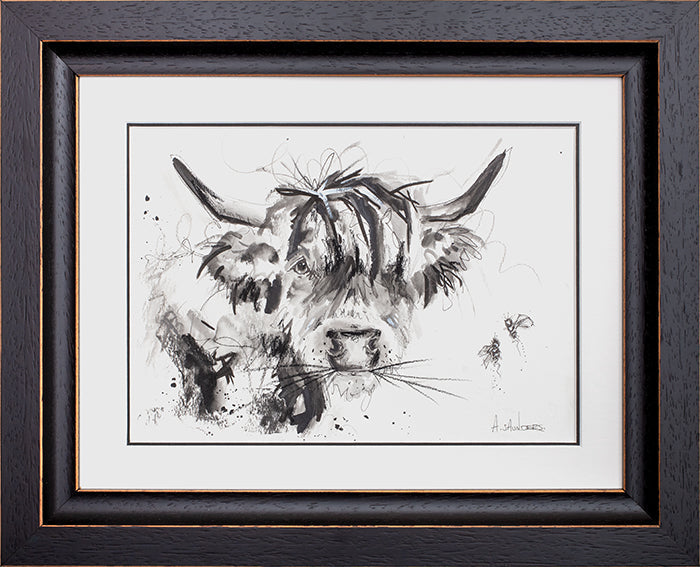 Original charcoal sketch "Buzzing About" by Ashley Saunders featuring a highland cow and bees, hand signed and framed.