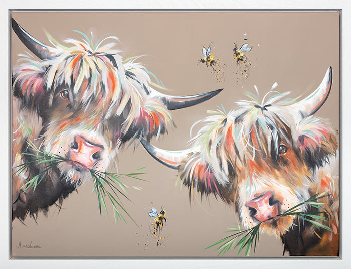 Double Trouble original acrylic painting by Ashley Saunders featuring two cows and bees