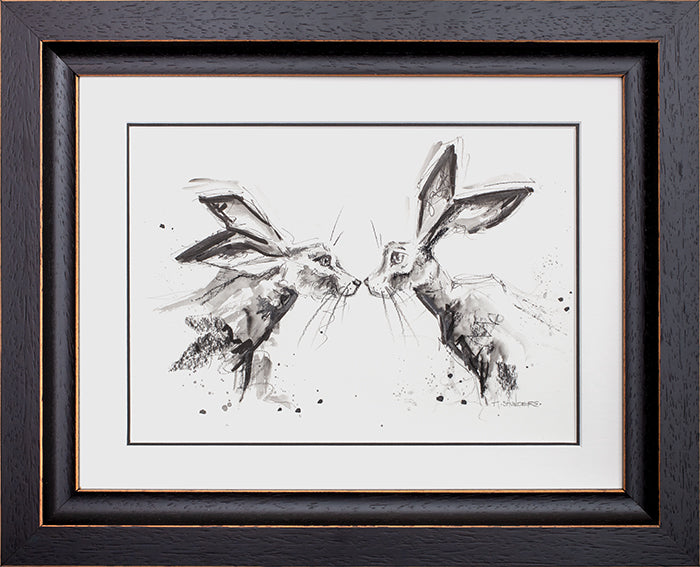 Me And You charcoal sketch by Ashley Saunders featuring two hares, hand signed and framed, original artwork with free UK delivery