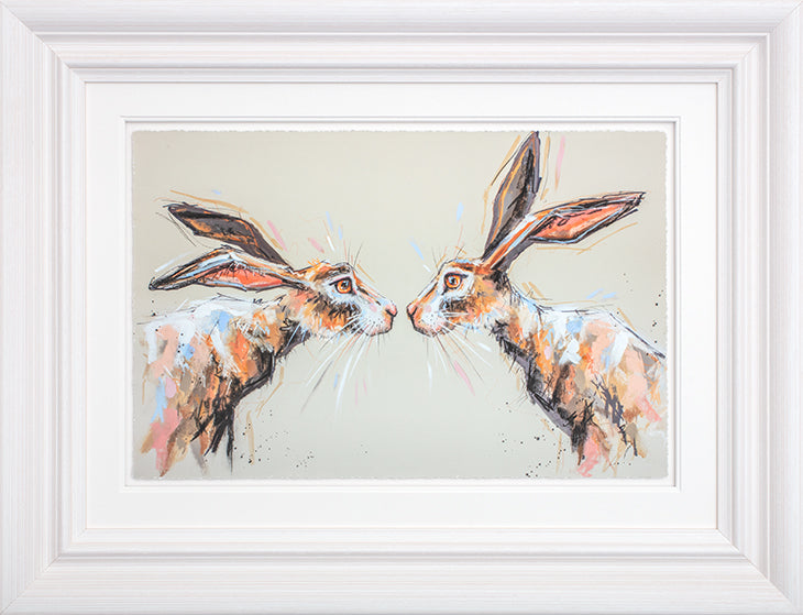 Limited edition 'Me And You' print by Ashley Saunders featuring two hares, hand signed and framed.