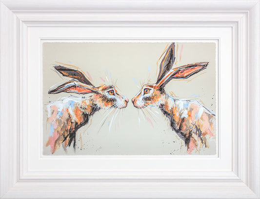 Limited edition 'Me And You' print by Ashley Saunders featuring two hares, hand signed and framed.