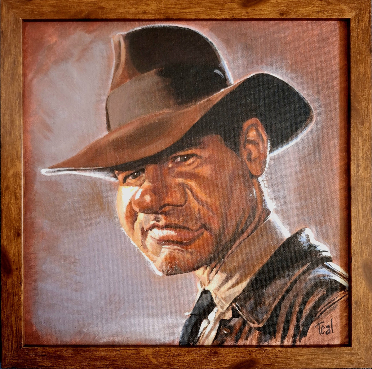 Adrian Teal caricatures are known from Spitting Image TV series and this piece shows Harrison Ford as Indiana Jones. The Original artwork is available from The Acorn Gallery, Pocklington