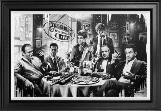 Black and white scene of men around a table smoking cigars and eating pizza. Artwork by Ben Jeffery at The Acorn Gallery in Pockjlington. Call 01759 307652.