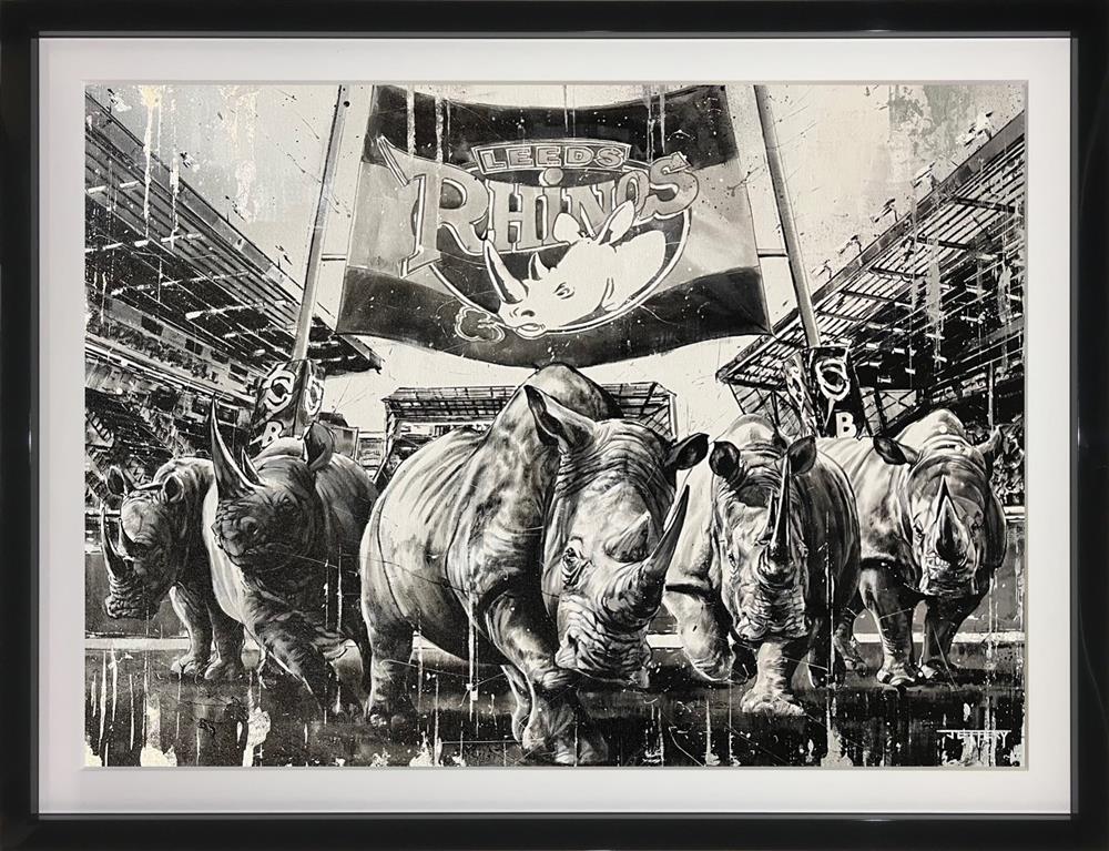 Original acrylic painting by Ben Jeffery, black-and-white Leeds Rhinos artwork featuring charging rhinoceroses in a stadium.