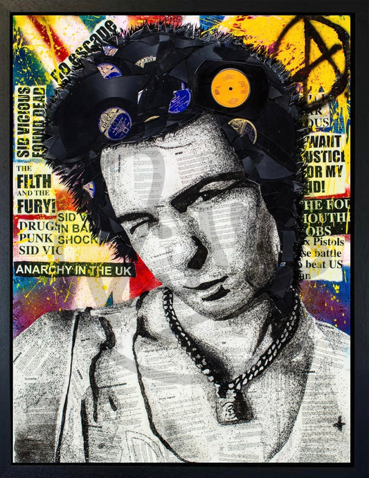 Hand-embellished Anarchy Sid Vicious canvas print by Ben Riley with broken records and epoxy resin finish