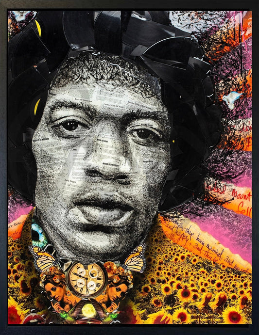 Experienced Jimi Hendrix hand embellished canvas print by Ben Riley with broken records and epoxy resin finish