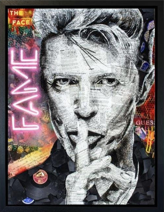 Fame David Bowie canvas hand embellished by Ben Riley with broken records and epoxy resin finish
