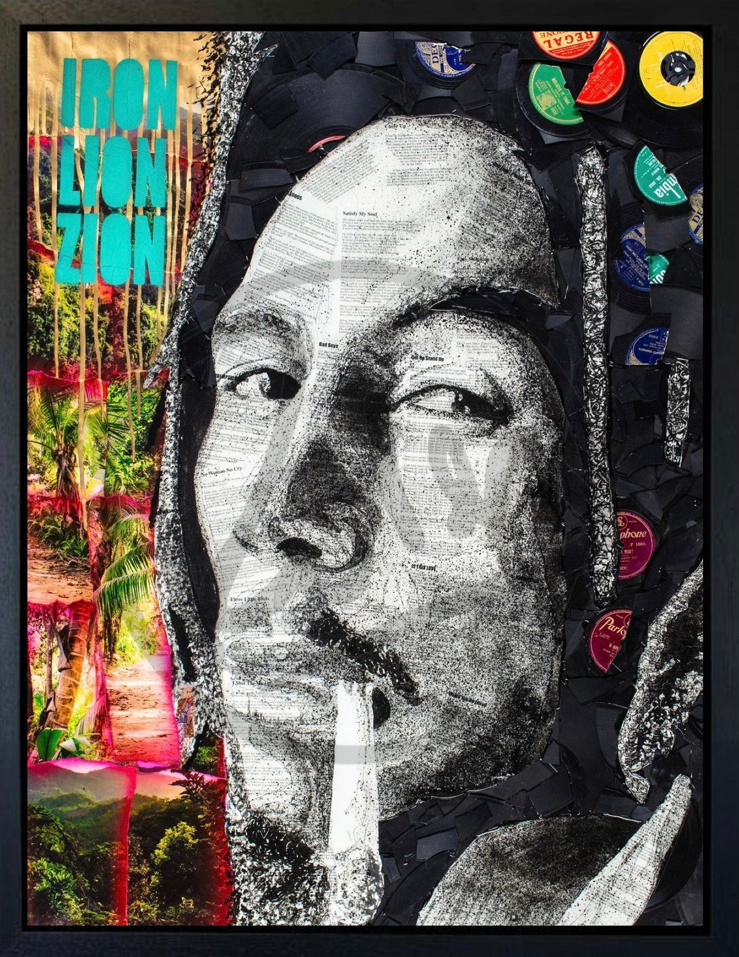 Iron Lion Zion Bob Marley canvas print hand embellished by Ben Riley with broken records and epoxy resin finish
