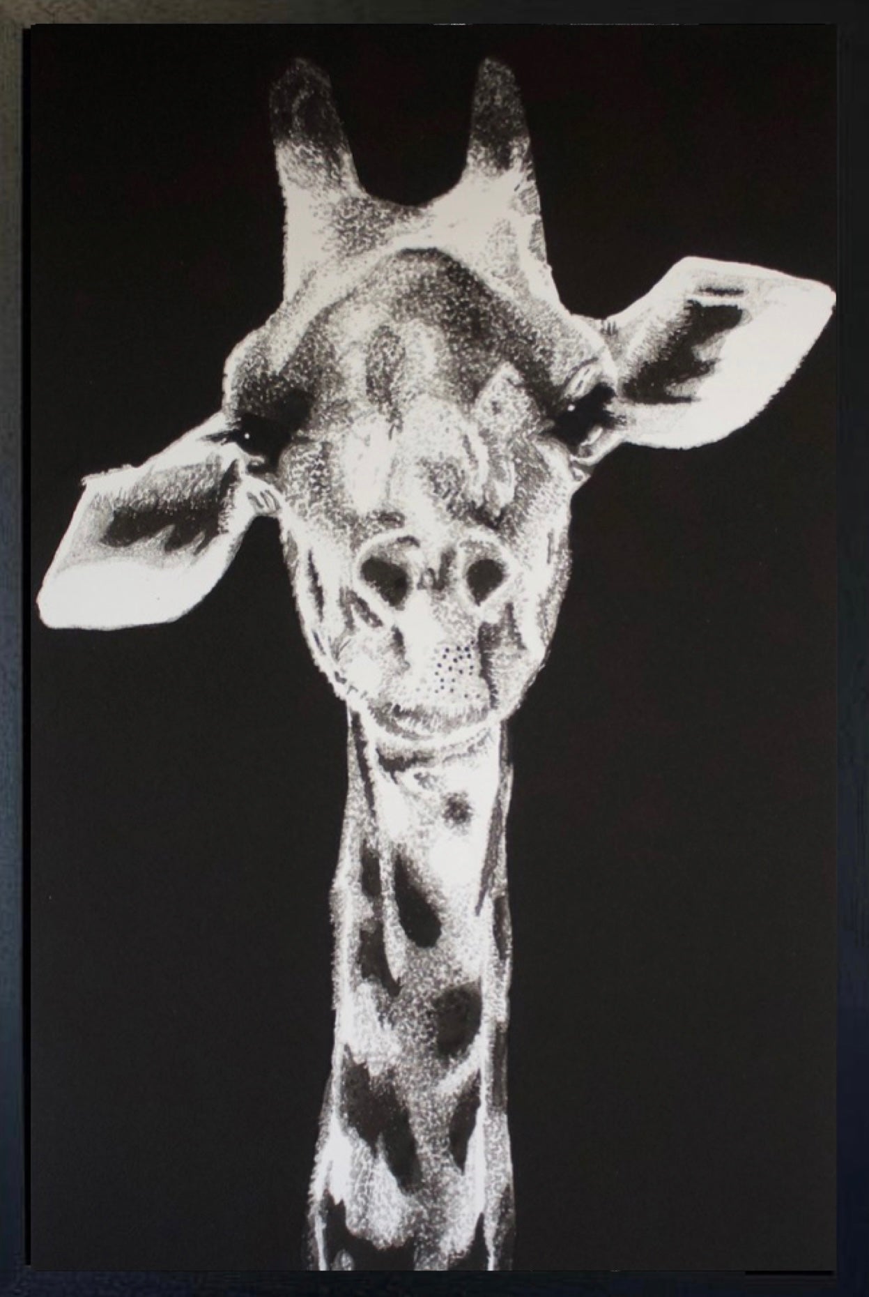 Ben Riley original Jamella artwork of giraffe in volcanic sand on canvas highlighting environmental fragility