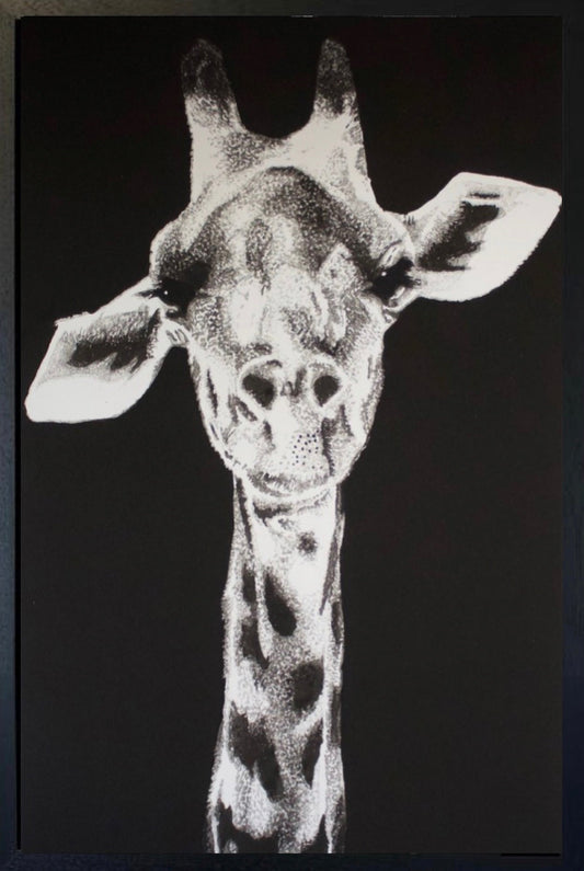 Ben Riley original Jamella artwork of giraffe in volcanic sand on canvas highlighting environmental fragility