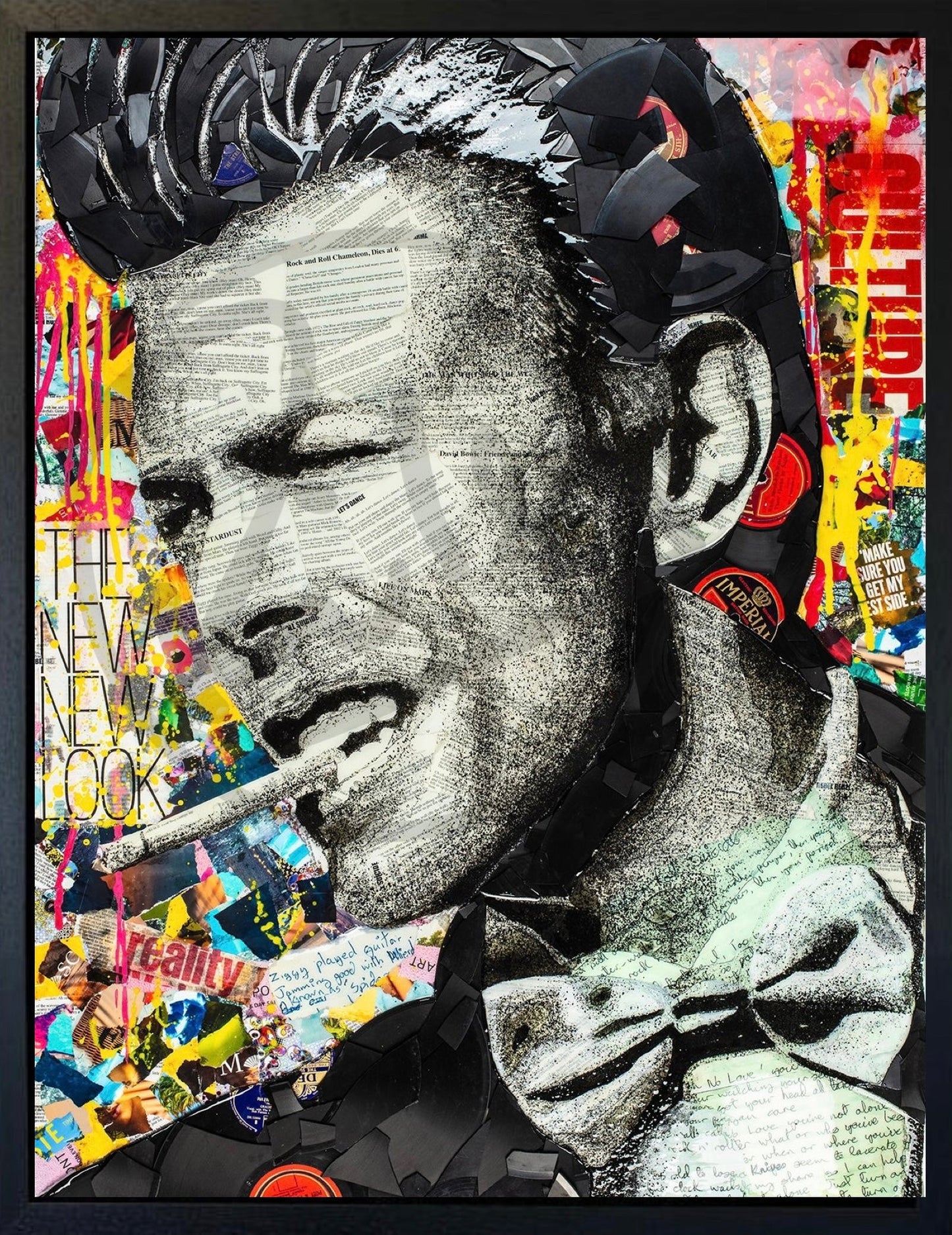 Lets Dance David Bowie hand embellished canvas print by Ben Riley with broken record pieces and epoxy resin finish