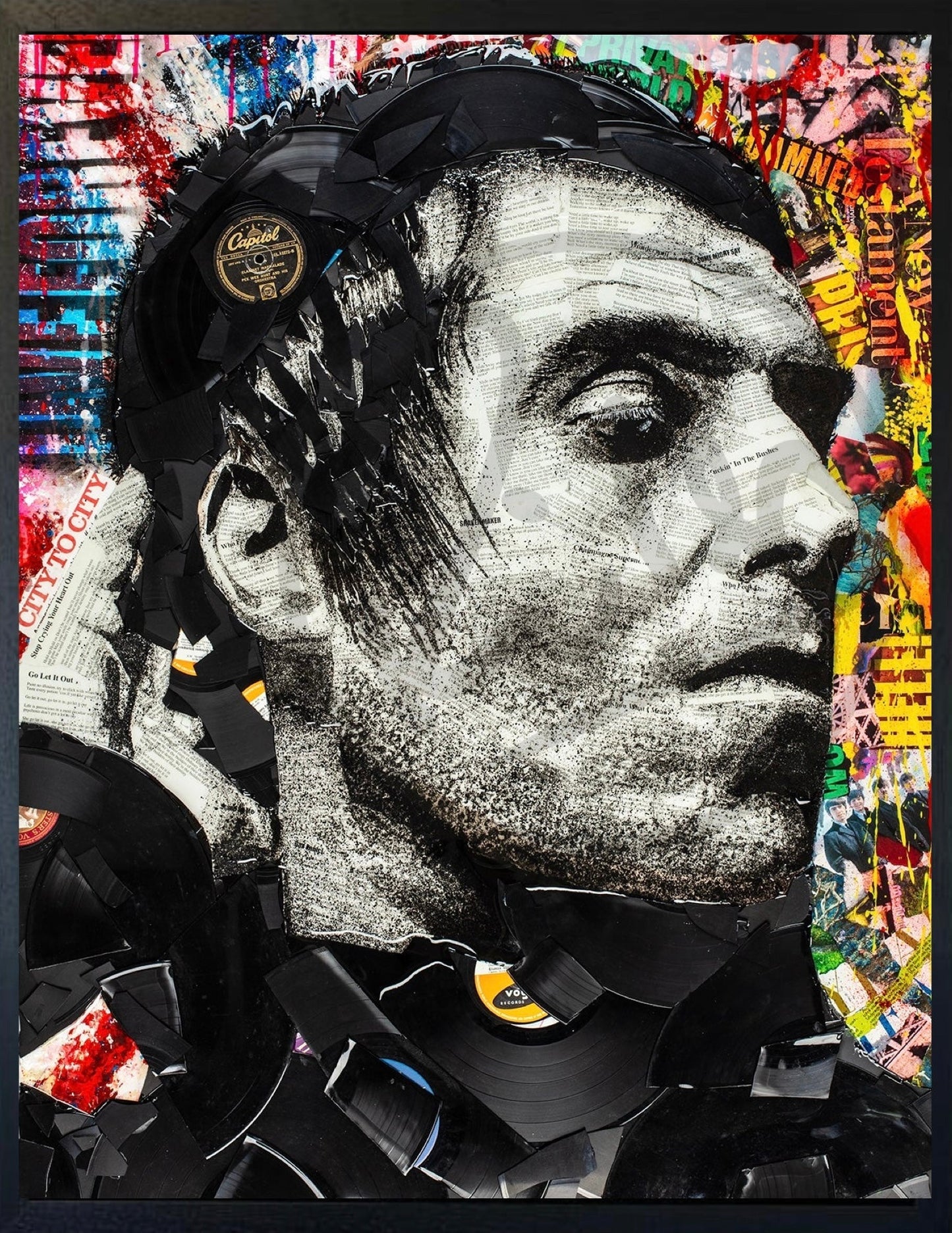 Live Forever Liam Gallagher canvas hand embellished by Ben Riley with broken records and epoxy resin
