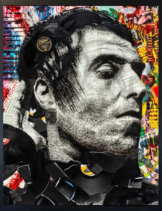 Live Forever Liam Gallagher canvas hand embellished by Ben Riley with broken records and epoxy resin