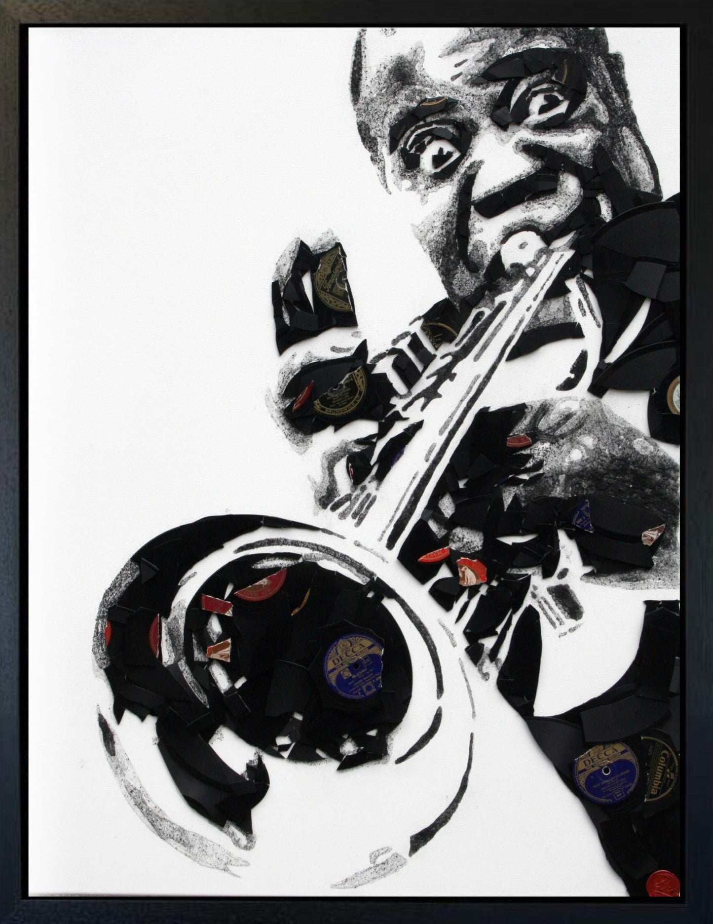 Original mixed media artwork of Louis Armstrong by Ben Riley using vinyl records