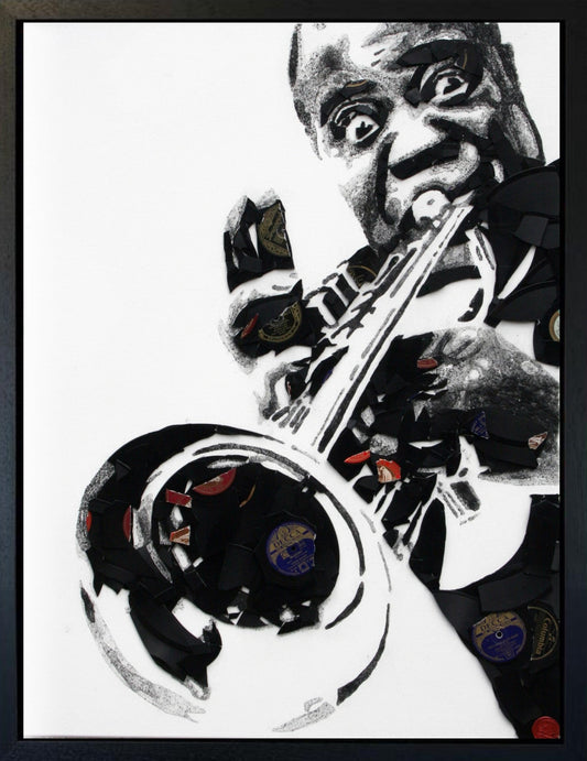 Original mixed media artwork of Louis Armstrong by Ben Riley using vinyl records