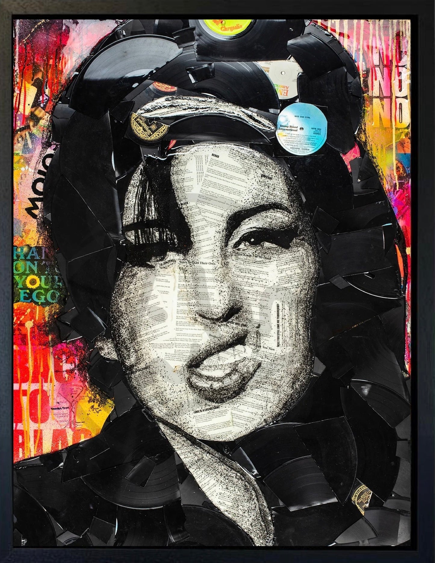 Hand embellished Rehab Amy Winehouse canvas print by Ben Riley with broken record details and epoxy resin finish