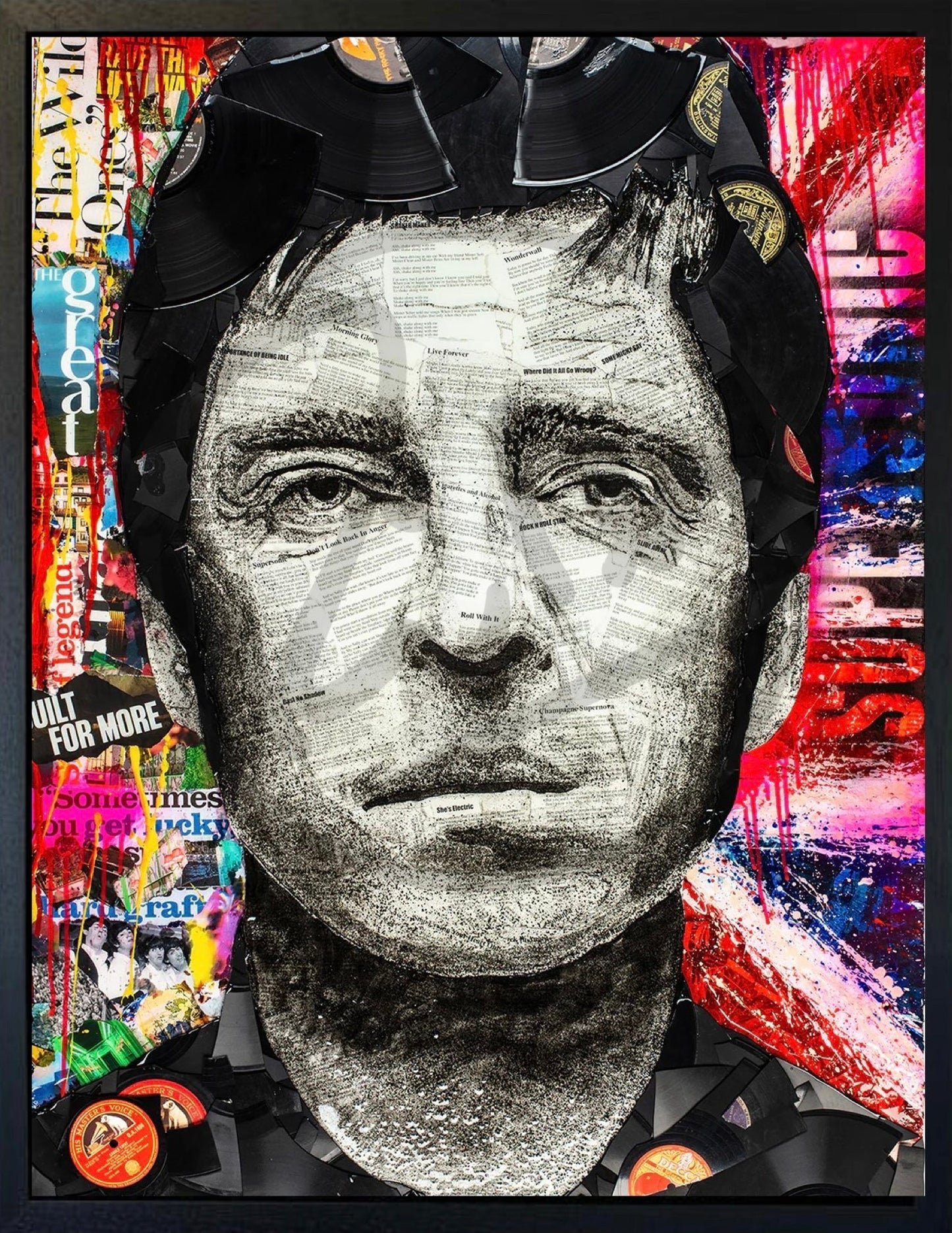 Supersonic Noel Gallagher canvas hand embellished with broken records and epoxy resin by Ben Riley