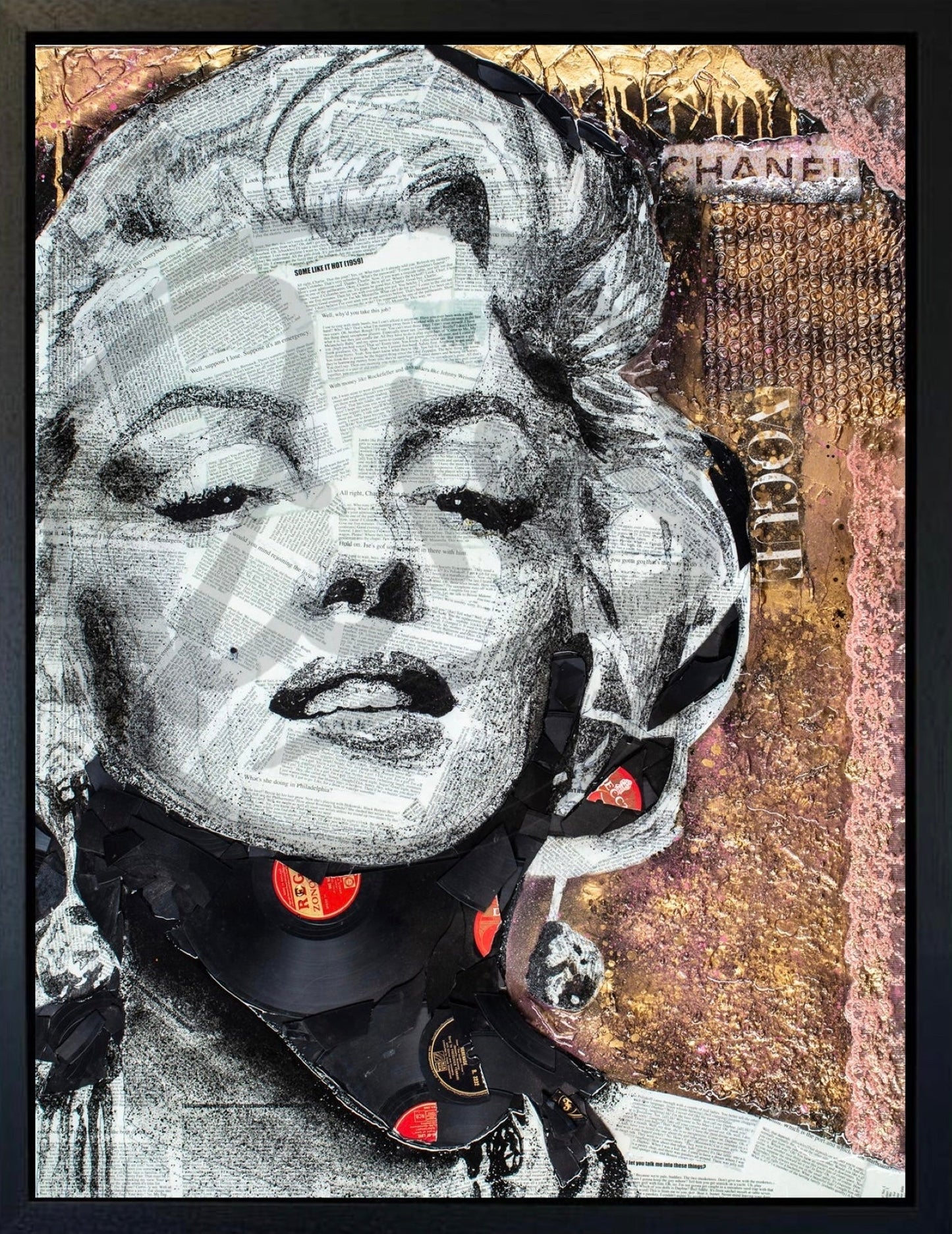 Vogue Marilyn Monroe canvas print hand embellished by Ben Riley with broken records and epoxy resin finish