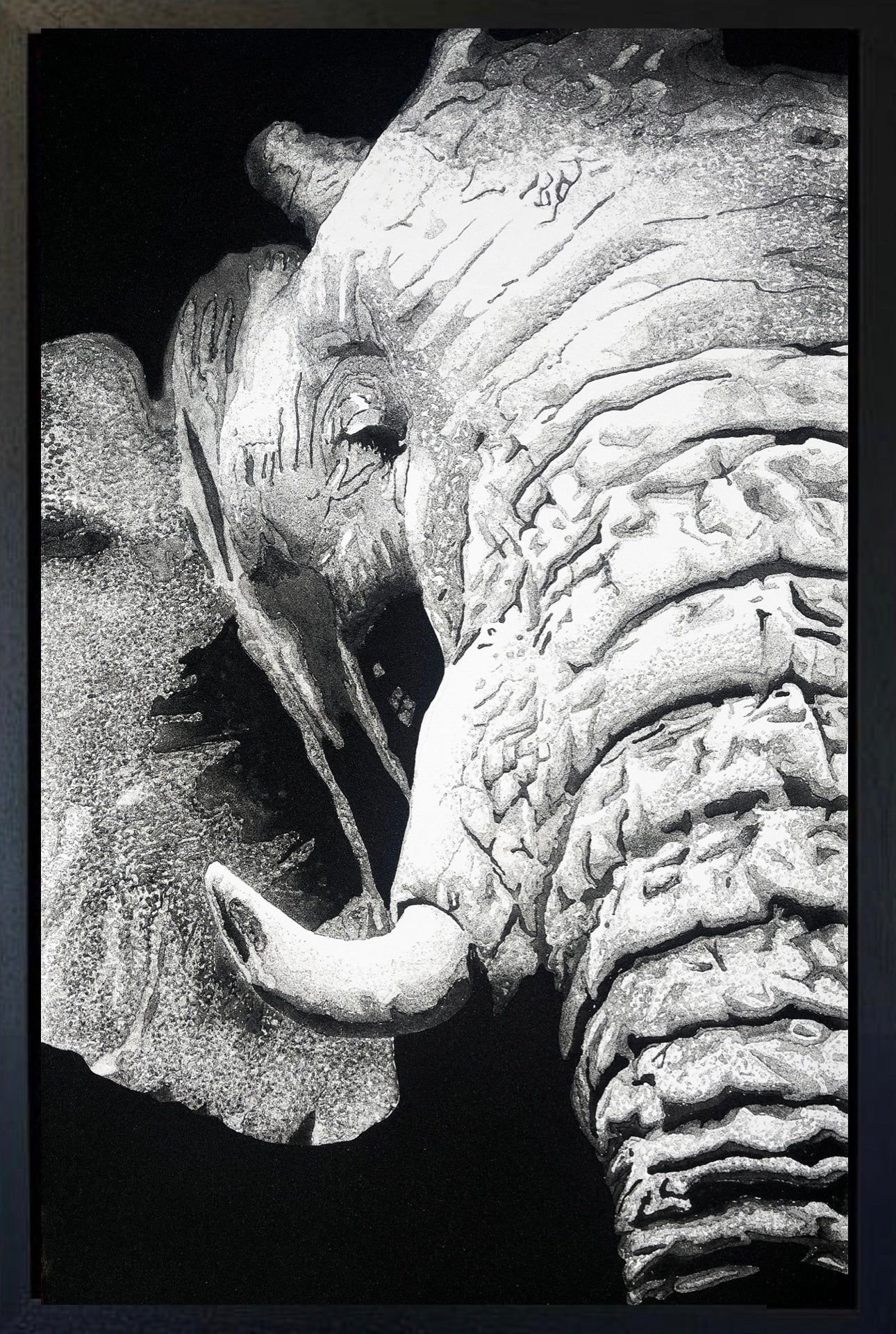 Original volcanic sand elephant artwork Warmth by Ben Riley
