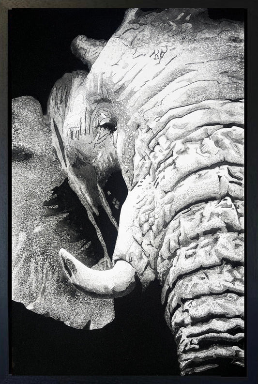 Original volcanic sand elephant artwork Warmth by Ben Riley