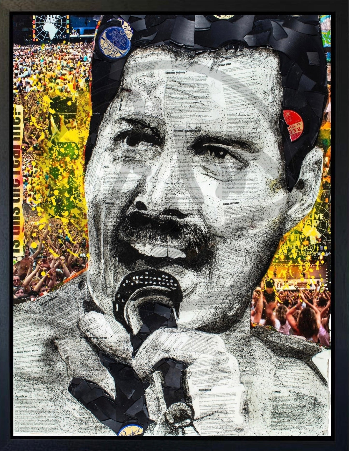 Hand embellished "We Will Rock You" canvas print by Ben Riley with broken records and epoxy finish