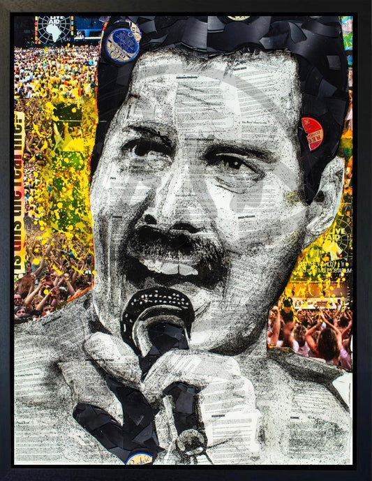 Hand embellished "We Will Rock You" canvas print by Ben Riley with broken records and epoxy finish