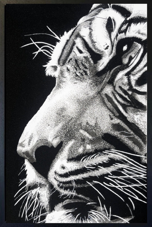 Hunt original volcanic sand artwork by Ben Riley on canvas textured monochrome
